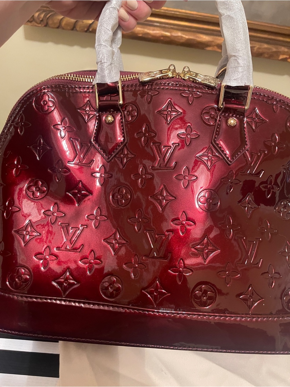 FAUX Louis Vuitton Alma BB Vernis Patent Satchel in Deep Red! - Picture 13 of 14